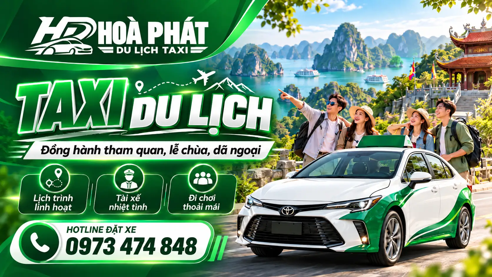 Taxi du lịch Hoà Phát phục vụ khách tham quan và dã ngoại